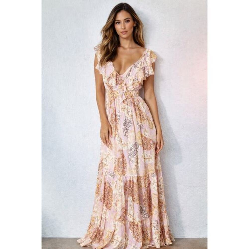 Millibon USA Blush Paisley‎ Ruffle Maxi Romantic Boho Dress Medium
